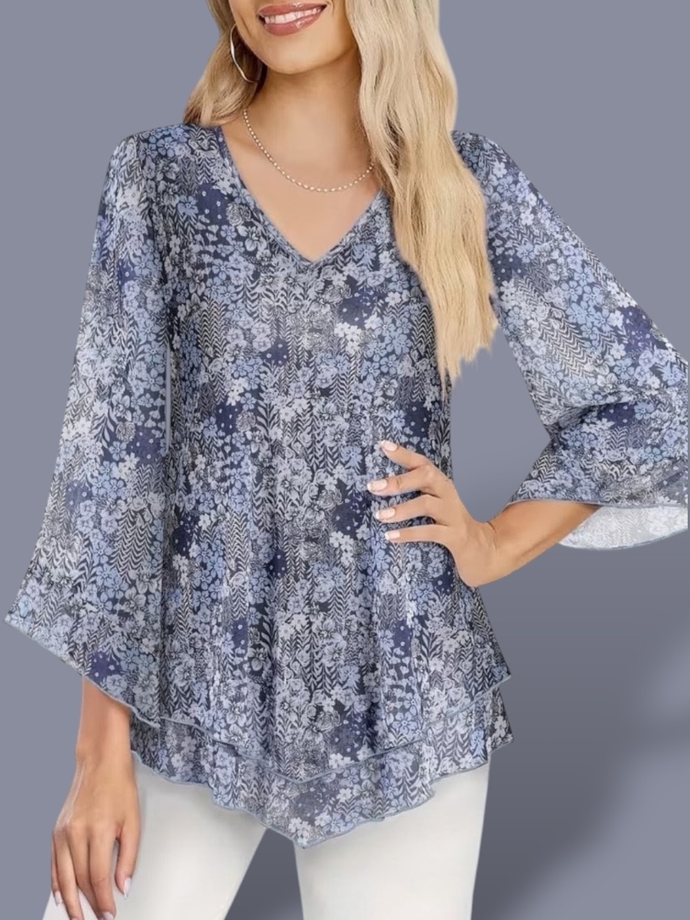 Floral V-Neck Layered Tunic Top - Blue